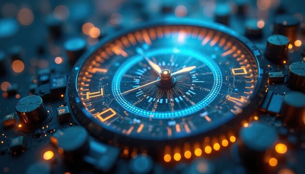 Photo shows the concept of time in the digital age. Tech clock face with circuit board details represents modern tech. Image presents time tech data flow and future concepts.