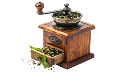 Rustic wood grinder with herbs, metal bowl, and drawer open
