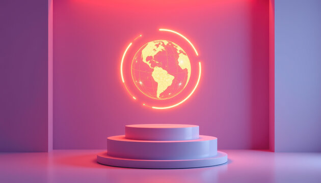 Futuristic Digital Display with Earth and Neon Rings