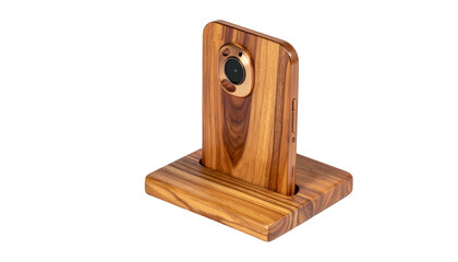 Wooden phone in a matching wooden stand, camera visible