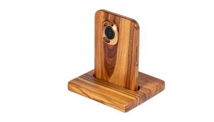Wooden phone in a matching wooden stand, camera visible