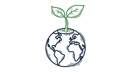 A hand-drawn sketch of a green seedling growing from planet Earth symbolizing ecology and new life.