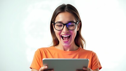 Overjoyed young woman celebrates success while viewing tablet with a look of pure excitement and achievement in bright modern office