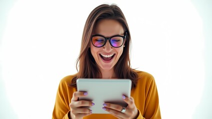 Excited young woman wearing glasses celebrates success while viewing tablet, radiating joy and positivity in a vibrant, modern setting with a bright background