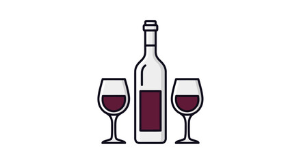 A bottle of red wine with two glasses filled with wine.