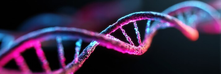 A vibrant DNA helix is illuminated with striking colors on a dark background, showcasing its intricate structure and scientific significance.
