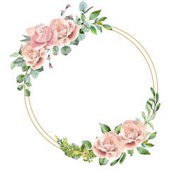 Frame decorated with gold circles and pink roses
