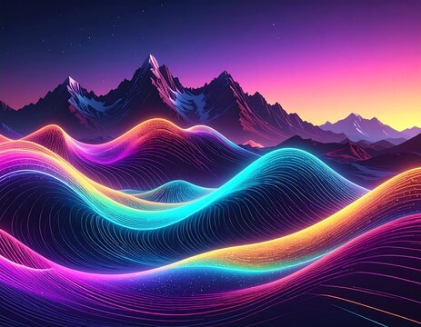 Glowing neon waves meet majestic snow-capped mountains at sunset - Powered by Adobe
