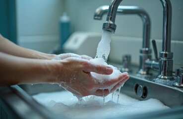 Person washes hands with soap under running tap water. Abundant lather, bubbles form, emphasizing hand hygiene, proper washing technique. Routine sanitation prevents spread of germs, promoting health.