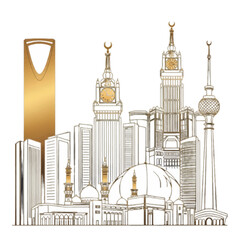 Obraz premium Elegant golden skyline of Mecca with detailed architecture and iconic landmarks, symbolizing faith and prosperity, perfect for travel or cultural themes