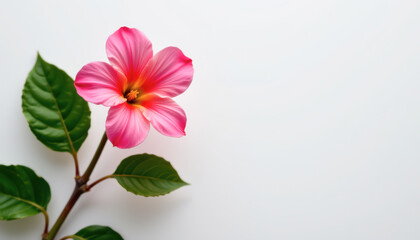 Fototapeta premium Pink Flower with Green Leaves Light Background
