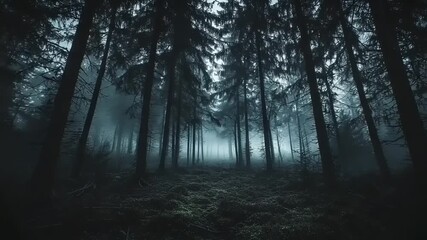 Dark, misty forest with tall trees shrouded in fog and shadows. - Powered by Adobe