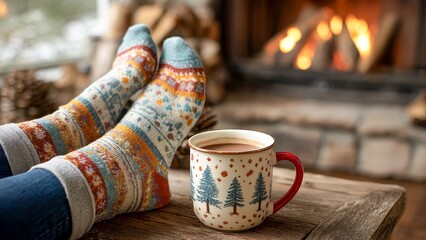 暖炉の前で温かい飲み物とリラックスタイム