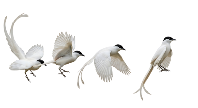 Elegant white birds in flight showcasing graceful movement against a clear backdrop.