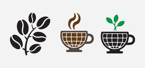 Coffee bean plant coffee cups with steam and plant shoot design