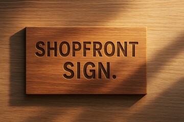 Obraz premium Photorealistic wooden shopfront sign mockup with sunlight gradient reflection and realistic wood texture, perfect for branding presentations. 