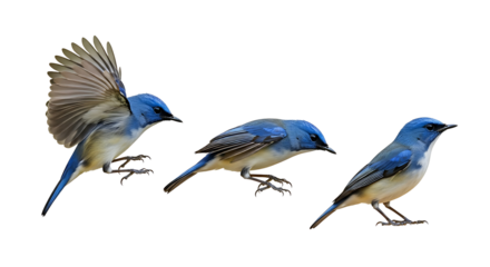 Three beautiful blue birds in different poses against a white background.