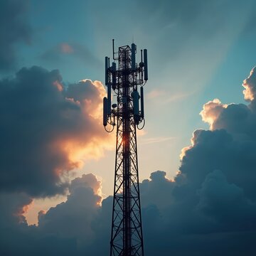 Cell tower stands against dramatic sunset clouds. Radio antennas on structure transmit mobile network signals. Telecommunication mast against vibrant sky, providing wireless connectivity.