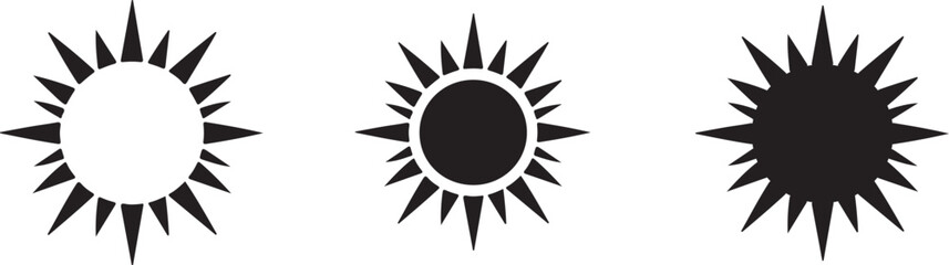 Sunburst vector icons isolated black and white sunshine symbol set
