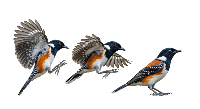 Three colorful birds in flight showcasing vibrant plumage and dynamic poses.