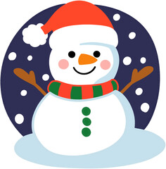 Joyful Snowman Wearing a Red Santa Hat and Festive Red and Green Scarf Surrounded by Snowflakes, Perfect for Christmas and Winter Holiday Celebrations