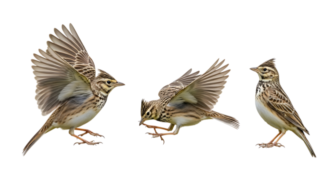Three Eurasian Skylarks in various poses isolated on white background.