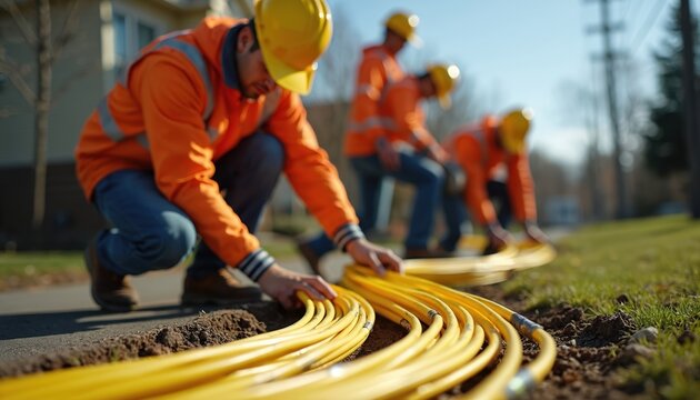 Team installs yellow fiber optic cables in suburban neighborhood. Workers in hard hats and safety vests lay conduit for new telecom infrastructure. Progress in telecommunications connection.