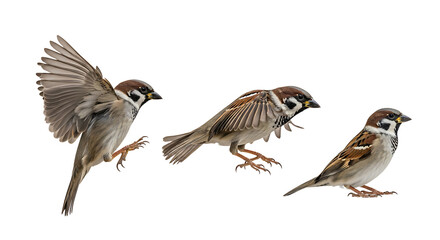 Fototapeta premium Three Sparrows in Flight and Perched on White Background.