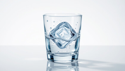 Clear Glass with Ice Cube and Bubbles Minimalist Background