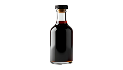 Dark liquid fills tall glass bottle with black cap, cork