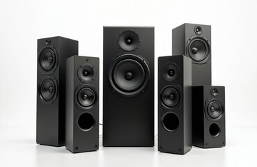 Collection of black audio speakers of various sizes arranged together. These sound systems produce clear, powerful audio for music or home theater. High fidelity sound equipment.