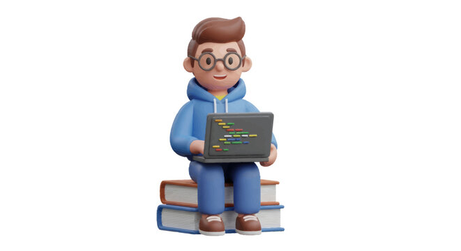 3D Cartoon Programmer Character in Blue Hoodie Sitting on Books with Laptop.