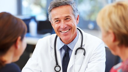 A mature healthcare professional warmly engages with patients during a consultation, conveying trust and reassurance through a genuine smile and attentive demeanor in a clinical setting.