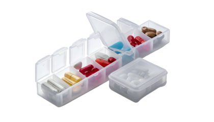 Open pill organizer filled with colorful capsules and tablets