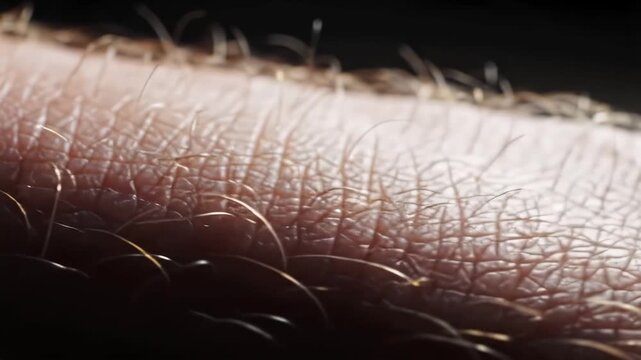 Extreme closeup macro shot of human skin with goosebumps and hair standing on end showing the texture and reaction to cold or emotion highlighting the intricate details of the epidermis and piloerect.