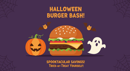 Halloween Burger Bash promo illustration with pumpkin ghost and bat icons on purple background