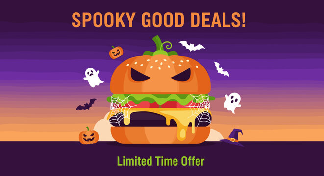 Spooky Halloween burger promotion banner with ghosts and bats Limited time offer