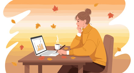 Cozy autumn remote work Woman analyzing data on laptop with coffee