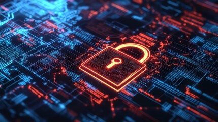 Glowing padlock on a complex circuit board with blue and red lines representing data flow and security