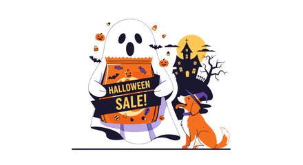 Spooky ghost holds Halloween Sale banner with candy haunted house and costumed dog seasonal promotion