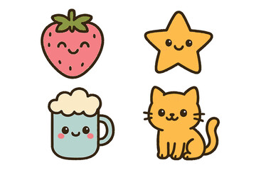 set of funny cartoon fruits and cute tools, icon, vector, set, icons, web, symbol, design, illustration, sign, flat