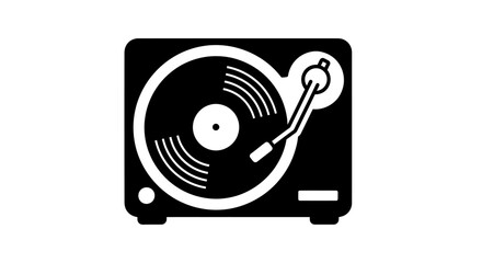 Black and white icon of a vintage record player with a vinyl disc. © kopi