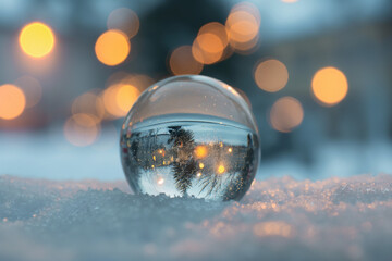 Christmas bauble reflecting a festive winter street scene with bokeh lights