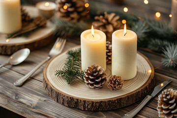 Cozy holiday table setting with candles, pine cones and rustic decor