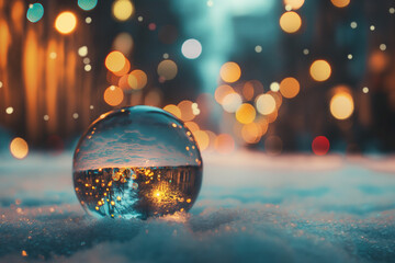 Christmas bauble reflecting a festive winter street scene with bokeh lights