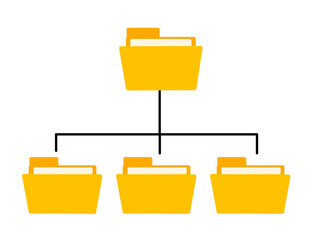 Yellow folder tree structure. Organized file system. Document management system concept. Simple flat design. Digital folder organization.