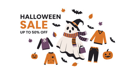 Spooky Halloween retail sale illustration featuring ghost and autumn fashion discounts