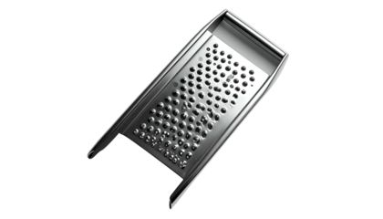 Silver metal grater, angled view, black background, good lighting