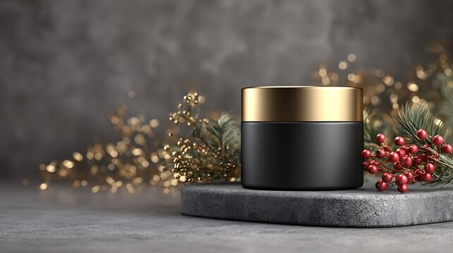 Elegant black and gold cosmetic jar on a stone platform with festive decor