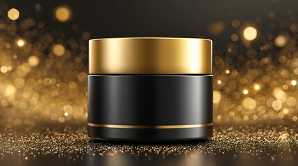 Luxury black and gold cosmetic jar with bokeh lights on a dark background